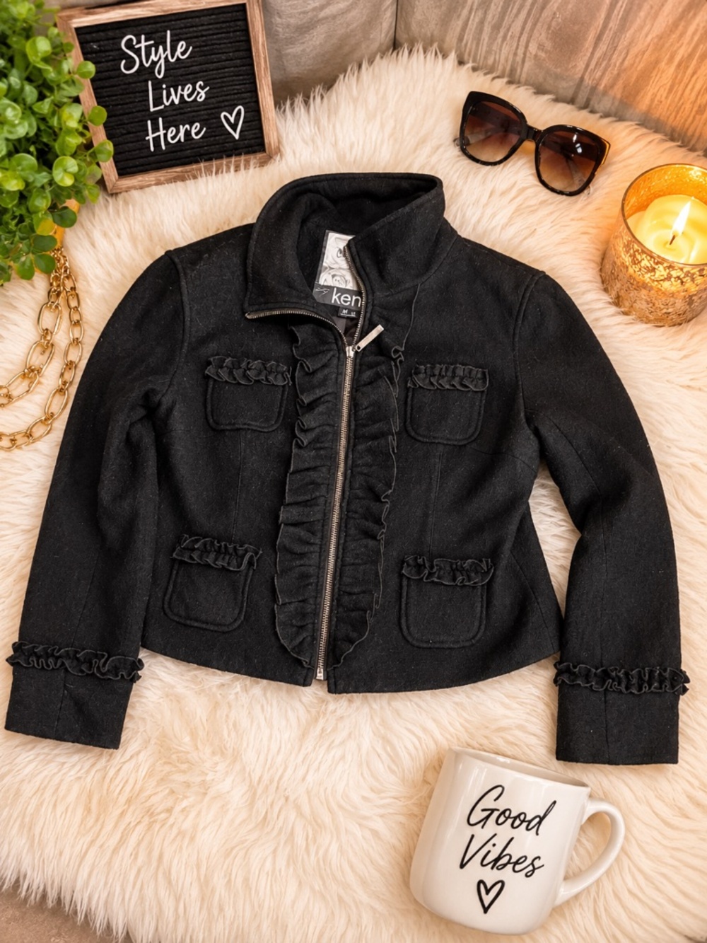 Kensie Black Ruffle Zip Jacket Women's Small Cropped Size L Tag